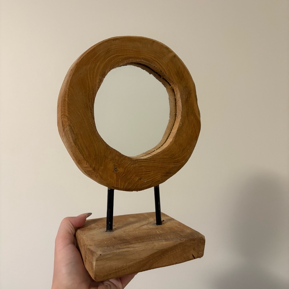 Rustic Wooden Circle Mirror on Stand